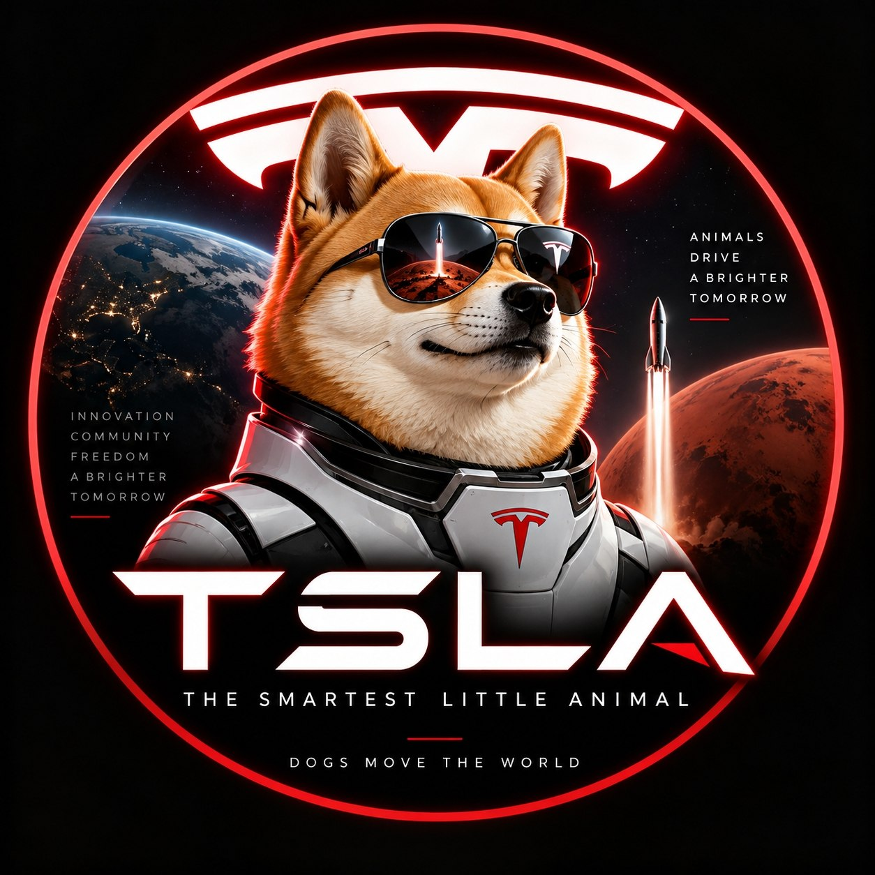 Shiba Inu astronaut with planets and a rocket inside the $TSLA emblem